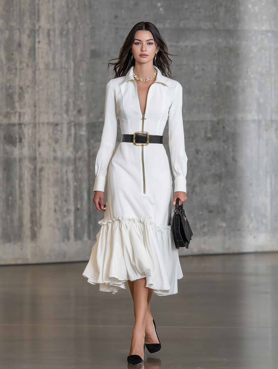 Elegant White Cotton And Linen  With Zipper And Ruffle Details Midi Dress