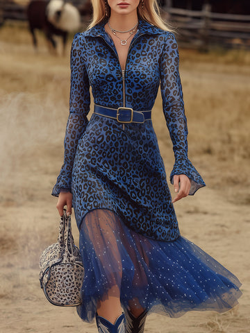 Western-style Blue Leopard Print Chiffon  With A Half-zip Closure Midi Dress