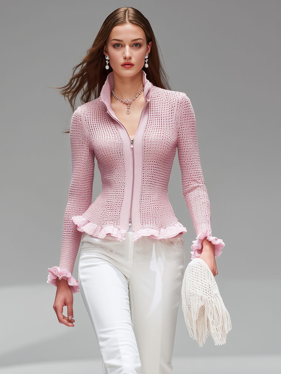 Pink Stand-up Collar Zipper Ruffled Mesh Knit Cardigan