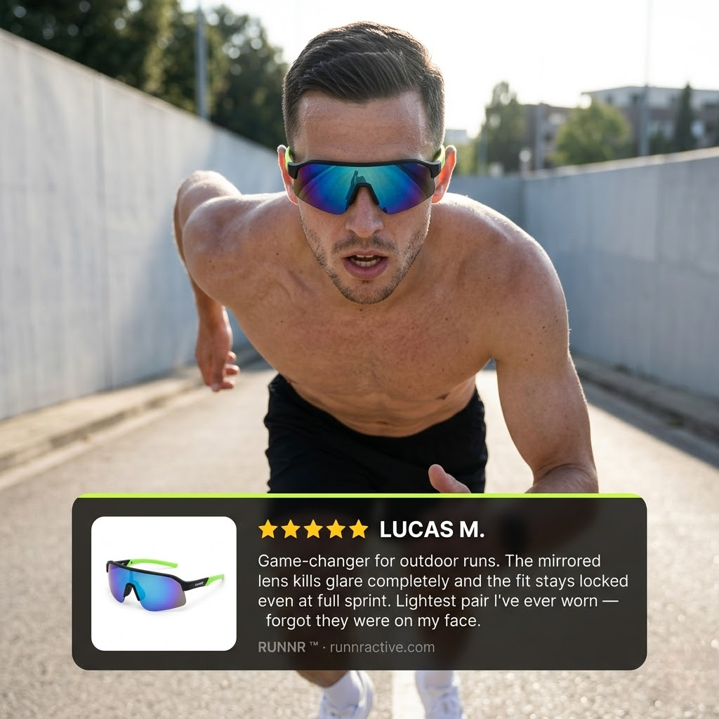 RUNNR Sports Sunglasses — UV400 Protection · Anti-Fog · Mirrored Wraparound Lens