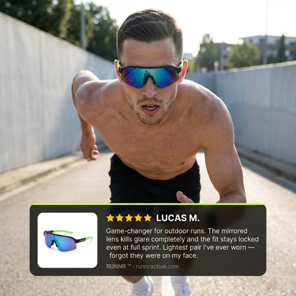 RUNNR Sports Sunglasses — UV400 Protection · Anti-Fog · Mirrored Wraparound Lens