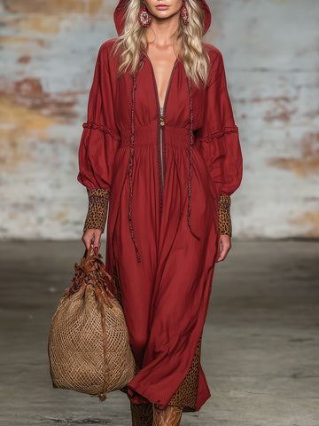 Western-style Red Linen Zip-up Hooded With Partial Leopard Print  Maxi Dress