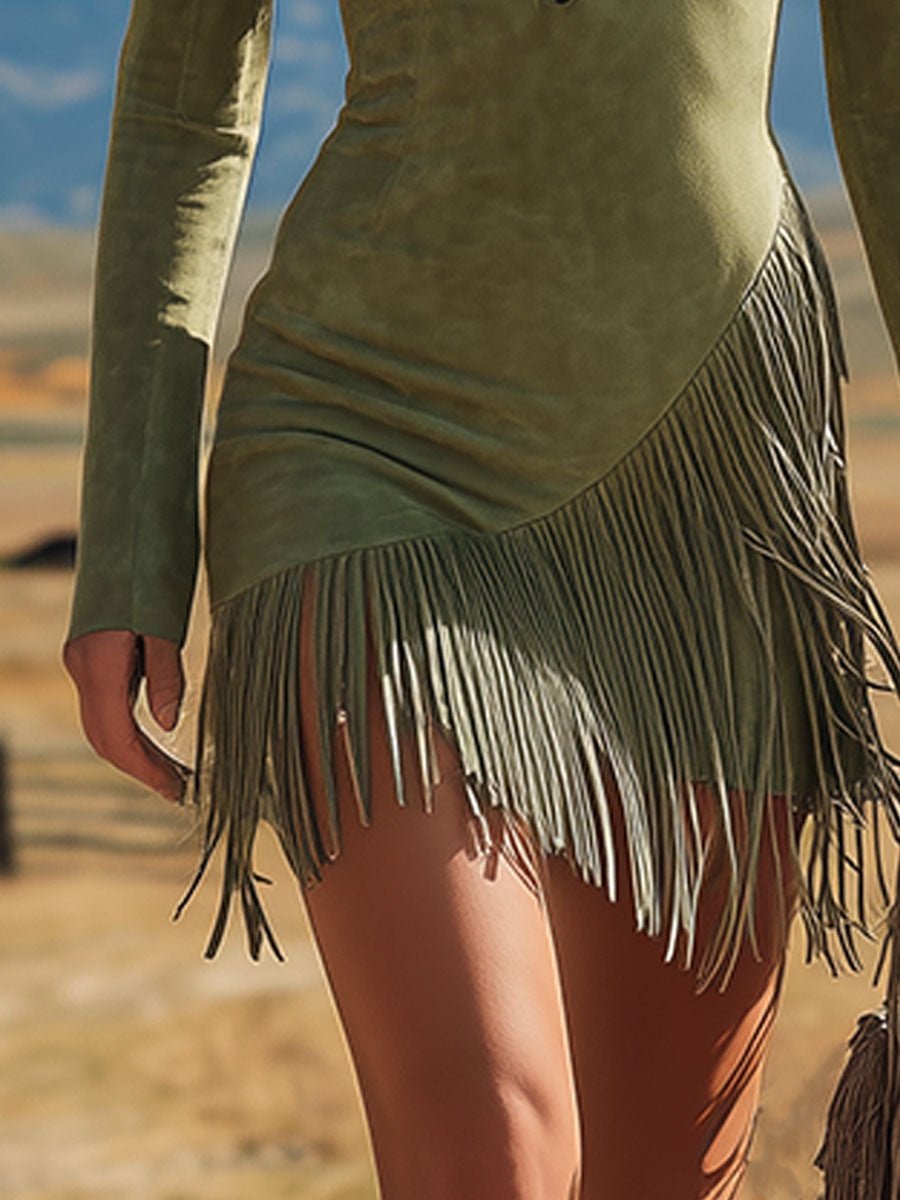 Western-style Vintage Fringed Green Faux Suede Mini Dress