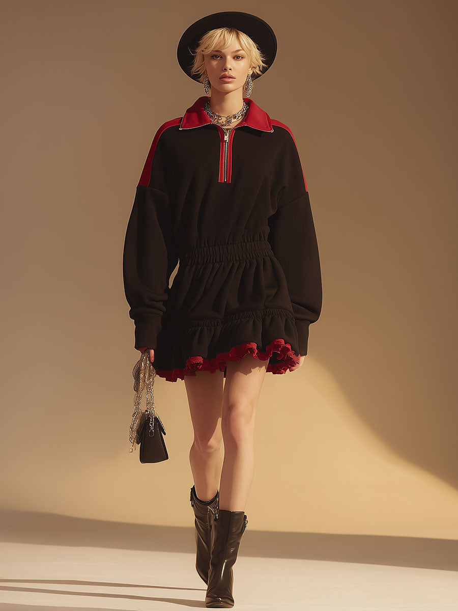 Athletic-style Retro Black Half-zip Cotton Sweatshirt Mini Dress