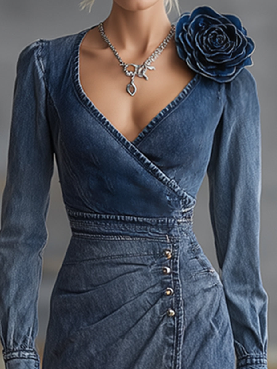 Elegant Retro Three-dimensional Floral Button Blue Denim Maxi Dress