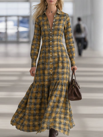 Casual And Stylish White Button-down Yellow And Black Plaid Maxi Dress