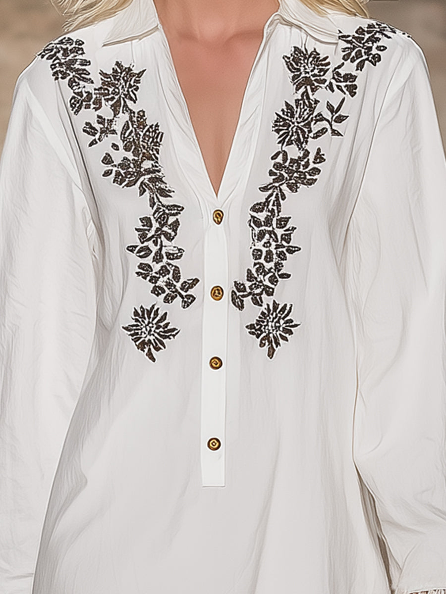 White Linen Shirt Dress With Embroidered Collar And Fringe Details.