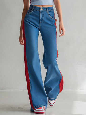 Casual Color-blocked Blue Straight-leg Jeans