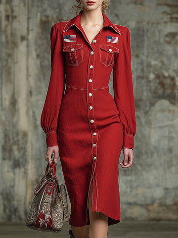 Western-style Red Linen Midi Dress With Button And Embroidery Details.