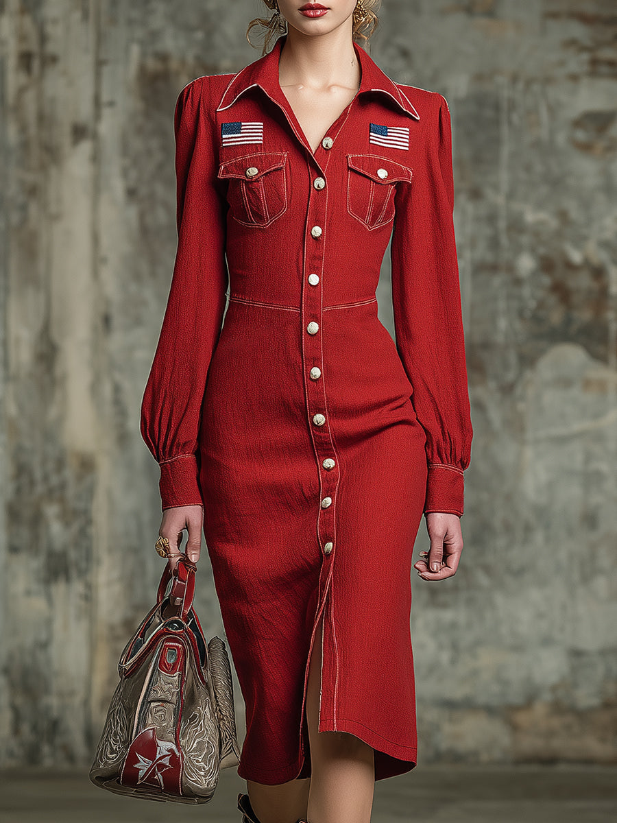 Western-style Red Linen Midi Dress With Button And Embroidery Details.