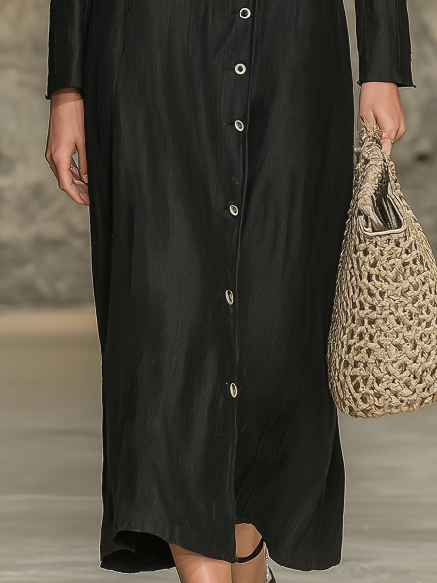 Elegant Black Cotton And Linen With A Lapel Collar And Button Closure  Maxi Dress