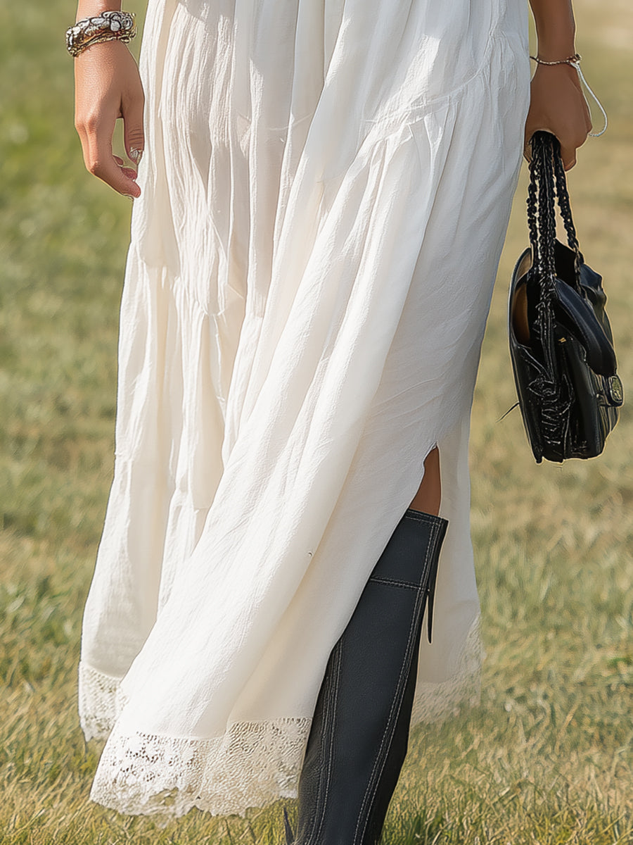 Western-style White Cotton And Linen Blend With Lace Inserts And A Side Slit Maxi Dress