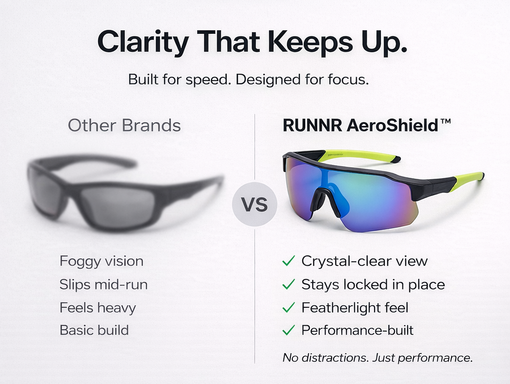 RUNNR Sports Sunglasses — UV400 Protection · Anti-Fog · Mirrored Wraparound Lens