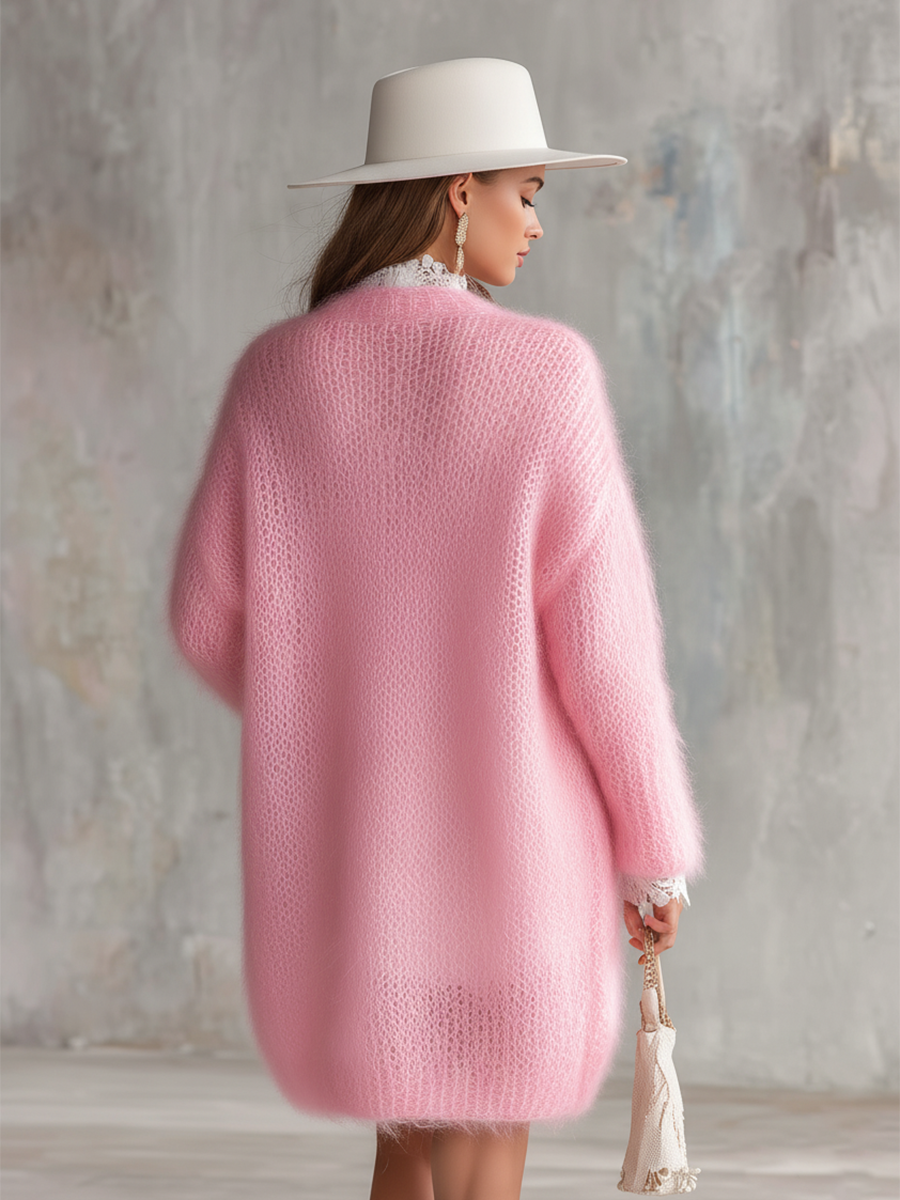 Elegant Vintage-inspired Relaxed-fit Solid Color Mid-length Mohair Cardigan