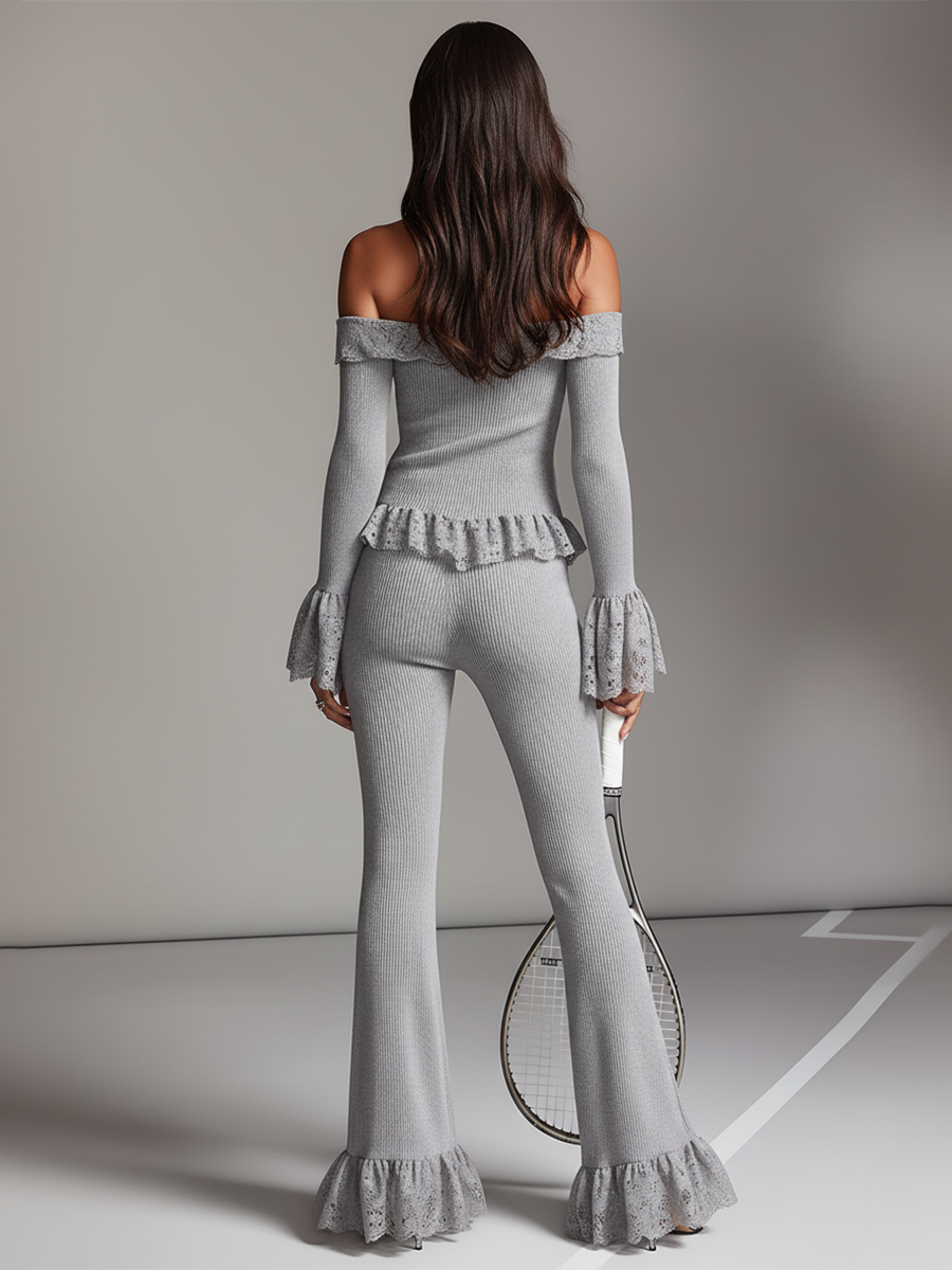 Elegant Vintage-style Sporty Lace Ruffle Top And Flared Pants Set.