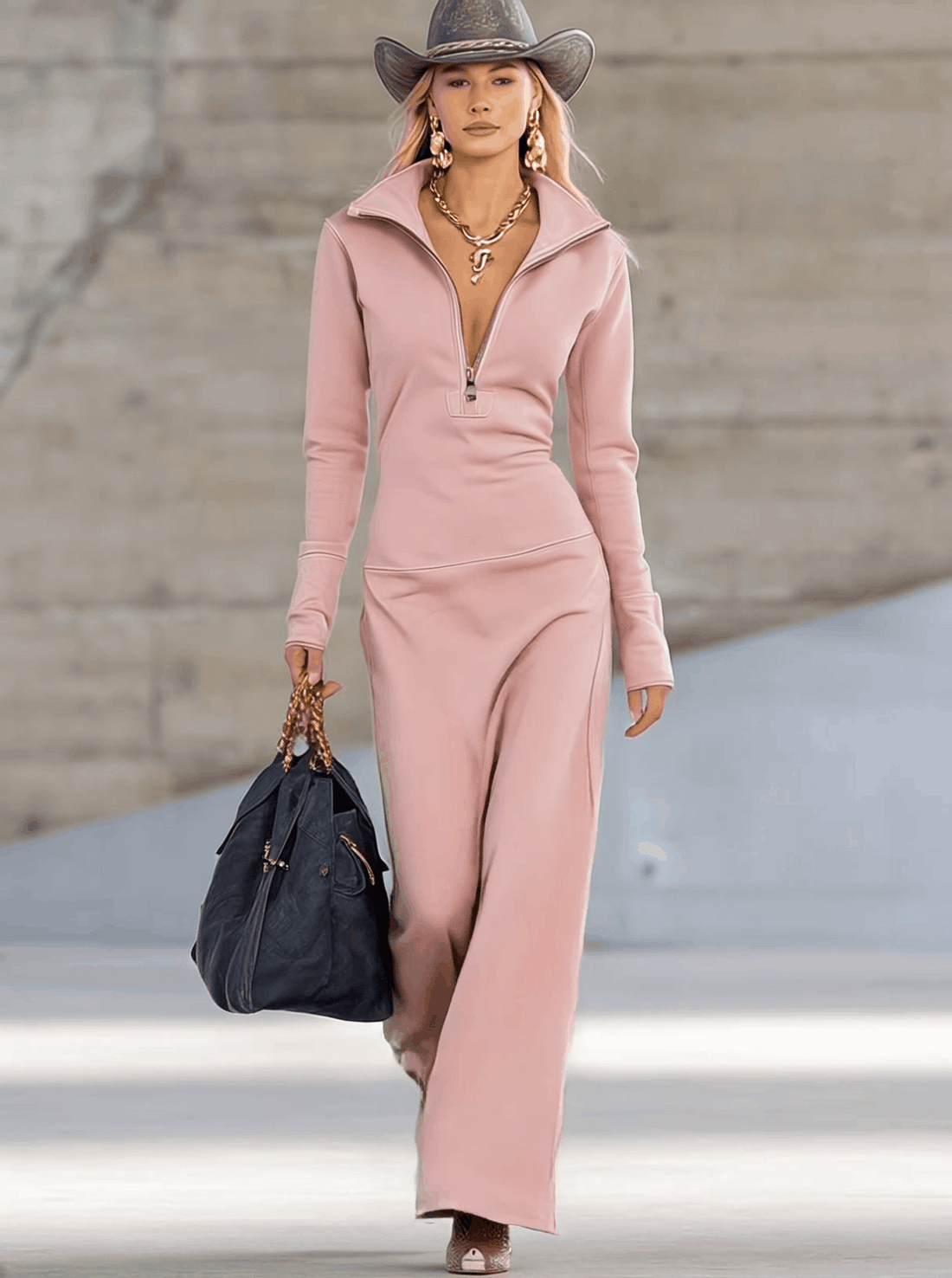 Elegant Retro Sporty V-neck Front Zipper Long-sleeved Pink Maxi Dress