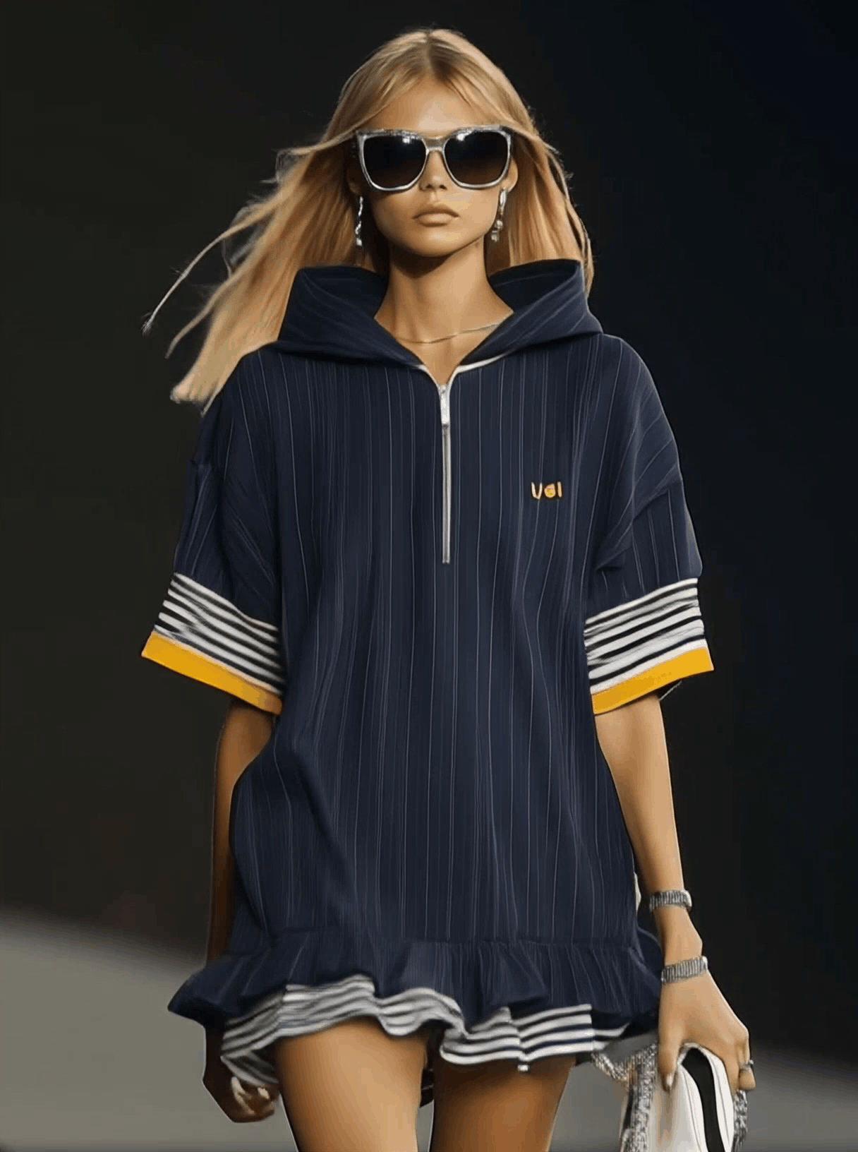 【24-hour shipping out】Casual Ultra-loose Front Zipper Short-sleeved Ruffled Hem Navy Blue Hoodie Style Mini Dress