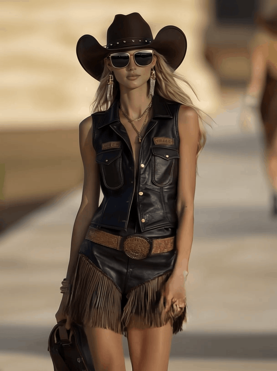 Vintage Western Dark Brown Distressed Leather V-Neck Vest And Tassel Shorts Set