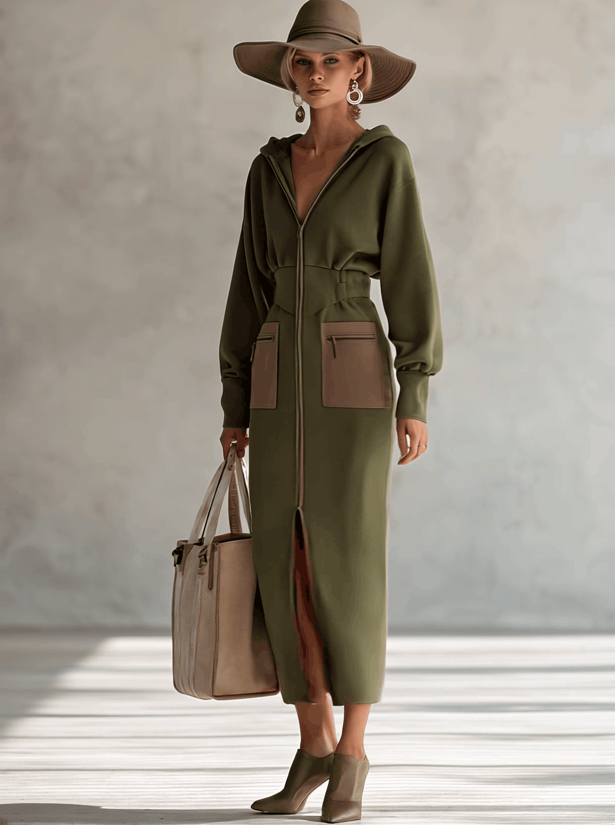 Elegant Olive Green Hooded Narrow Waist Zip-up Sweatshirt Long Sleeve Maxi Dress