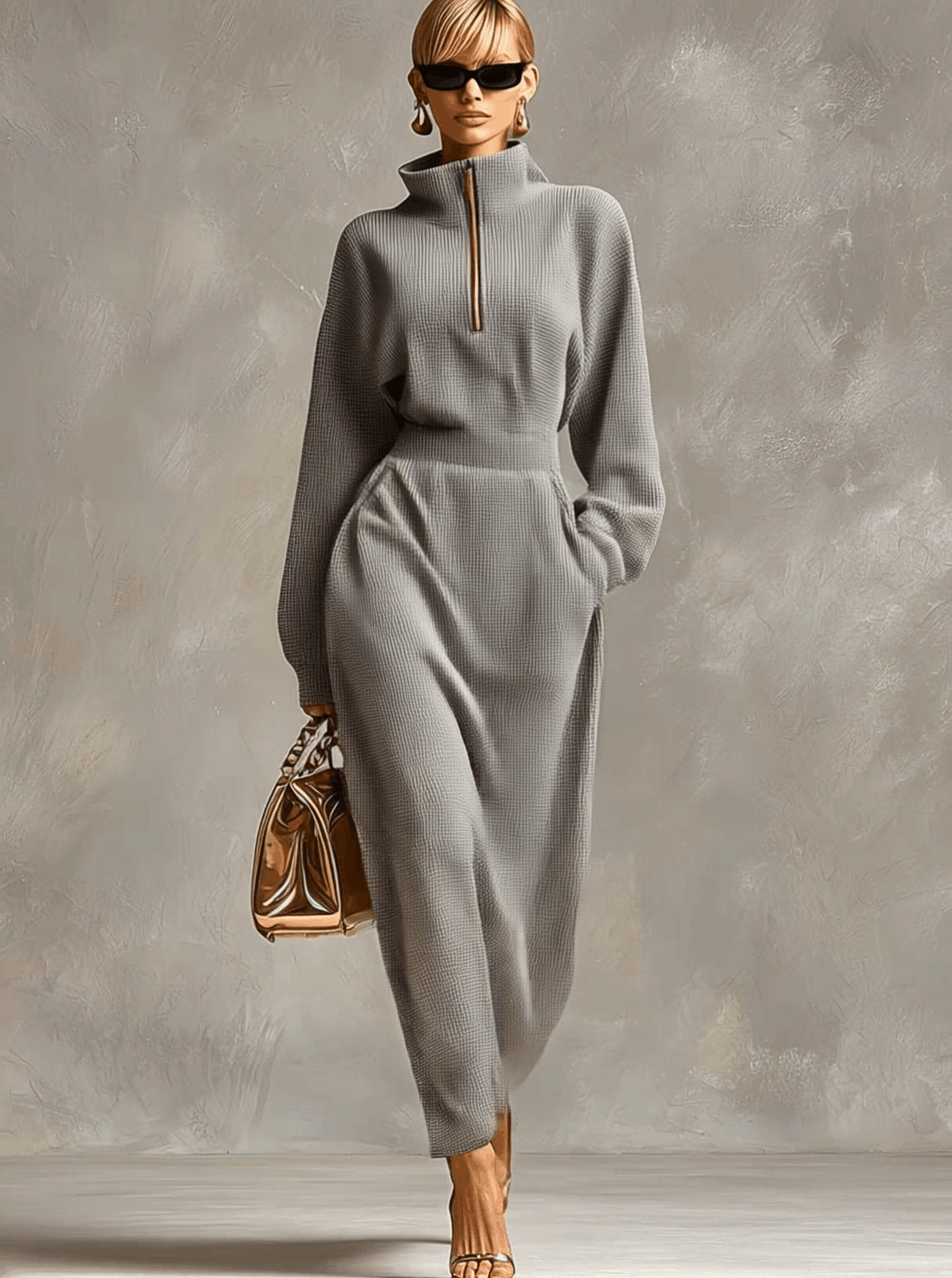 Exquisite Casual Lapel Front Zipper Long Sleeve Light Gray Waffle Fabric Maxi Dress