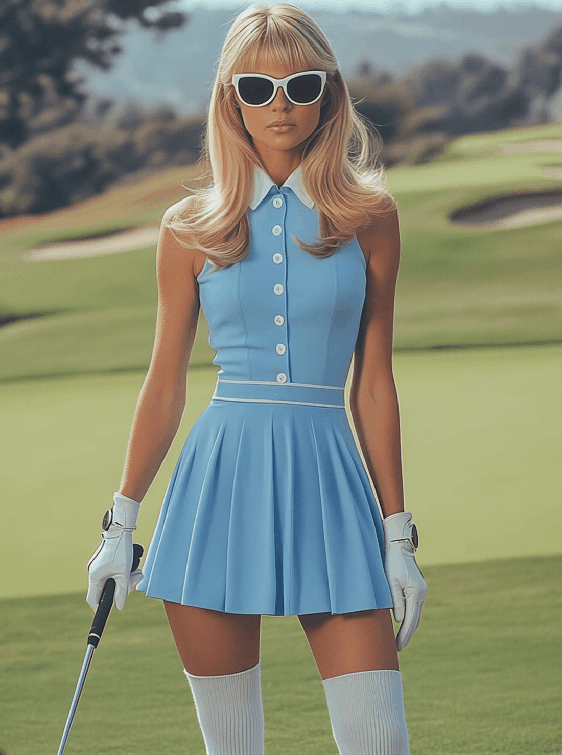 【24-hour shipping out】Elegant Sports White Button Detail Baby Blue Sleeveless Mini Dress