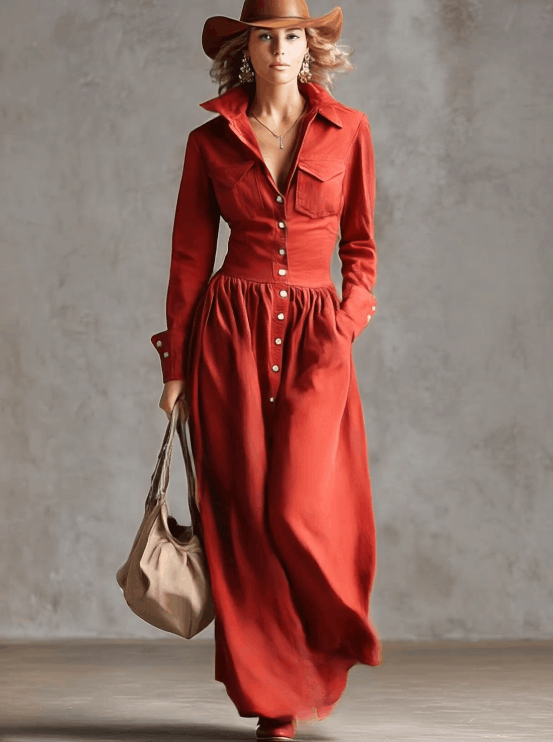 Exquisite Retro Western Lapel Front Button Red Windbreaker Style Cotton And Linen Maxi Dress
