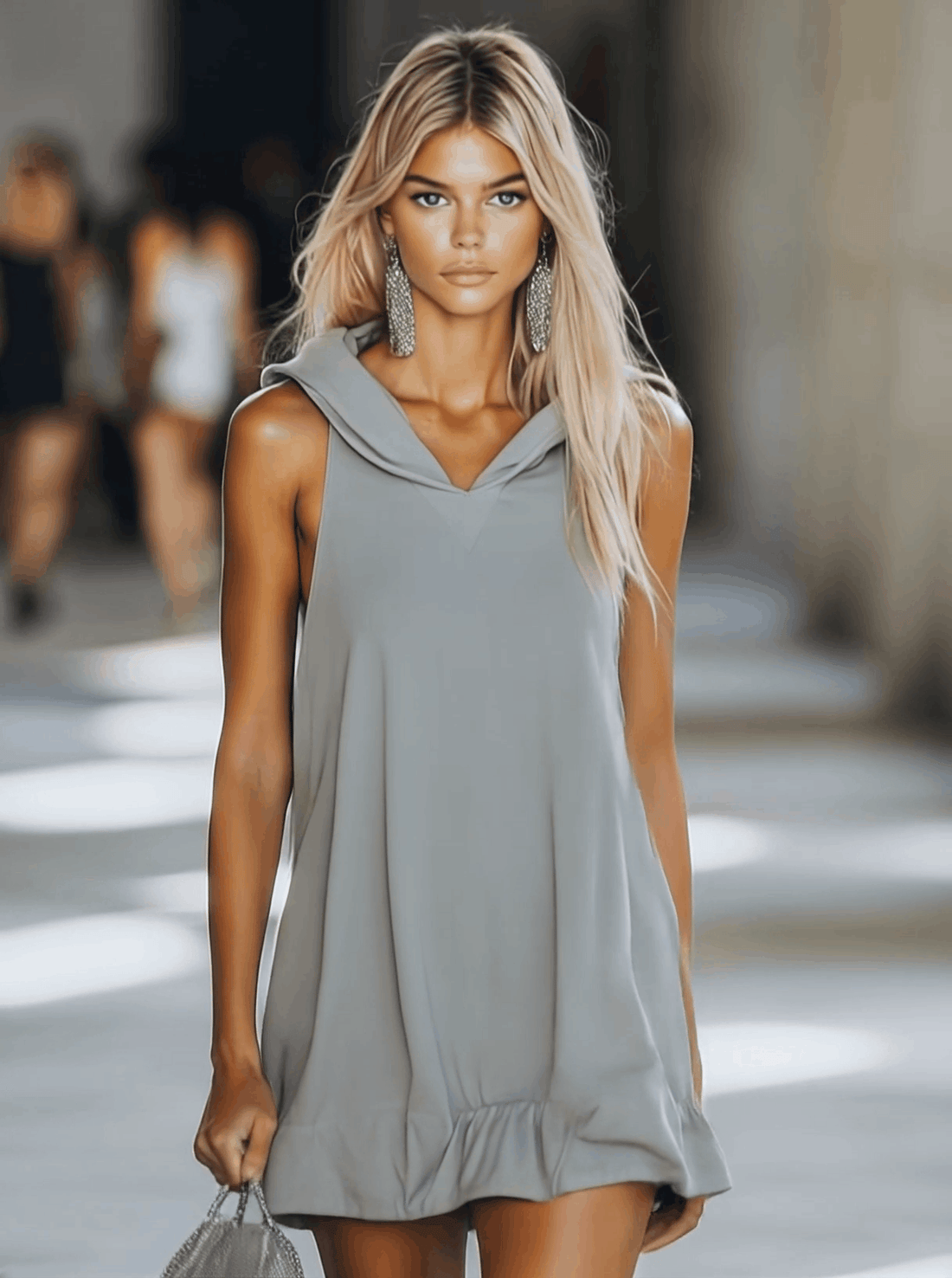 【24-hour shipping out】Casual Fashion Loose Grey Sleeveless Hoodie Style Mini Dress