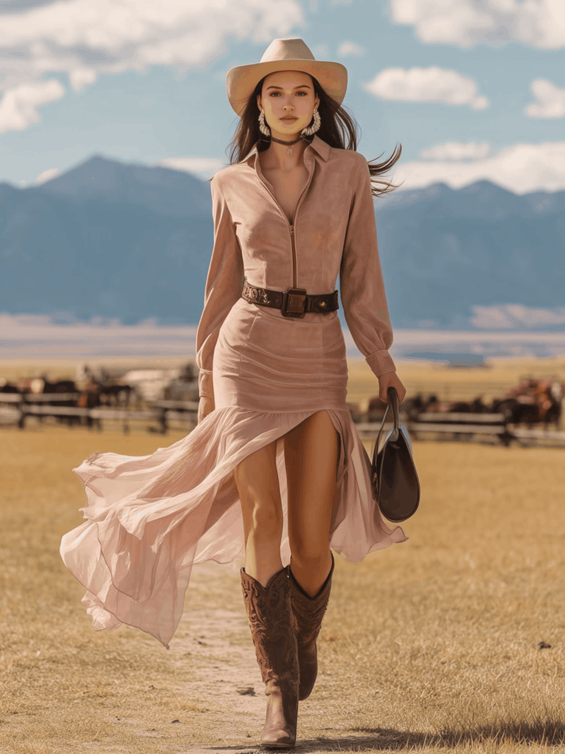 Western-style Vintage Pink Faux Suede And Chiffon Patchwork Midi Dress