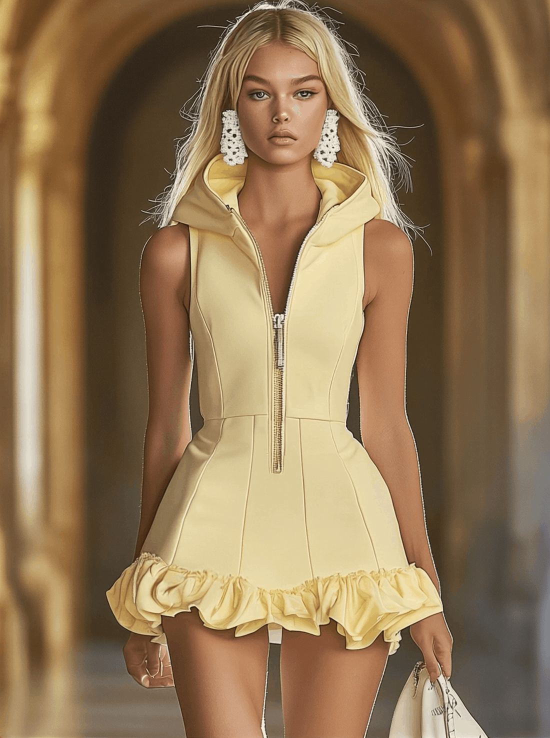 【24-hour shipping out】Fashion Slim Fit Goose Yellow Front Zip Hooded Ruffle Sleeveless Mini Dress