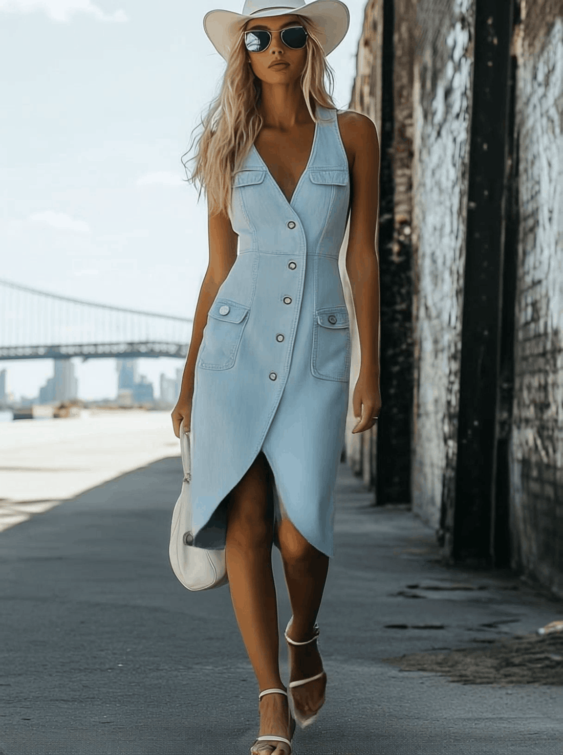 【24-hour shipping out】Casual Fashion V-Neck Front Button Tulip Shape Hem Light Blue Denim Midi Dress