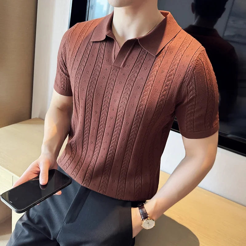 SALISBURY® 2026 Men's Striped Jacquard Knit Polo Shirt with V-Neck