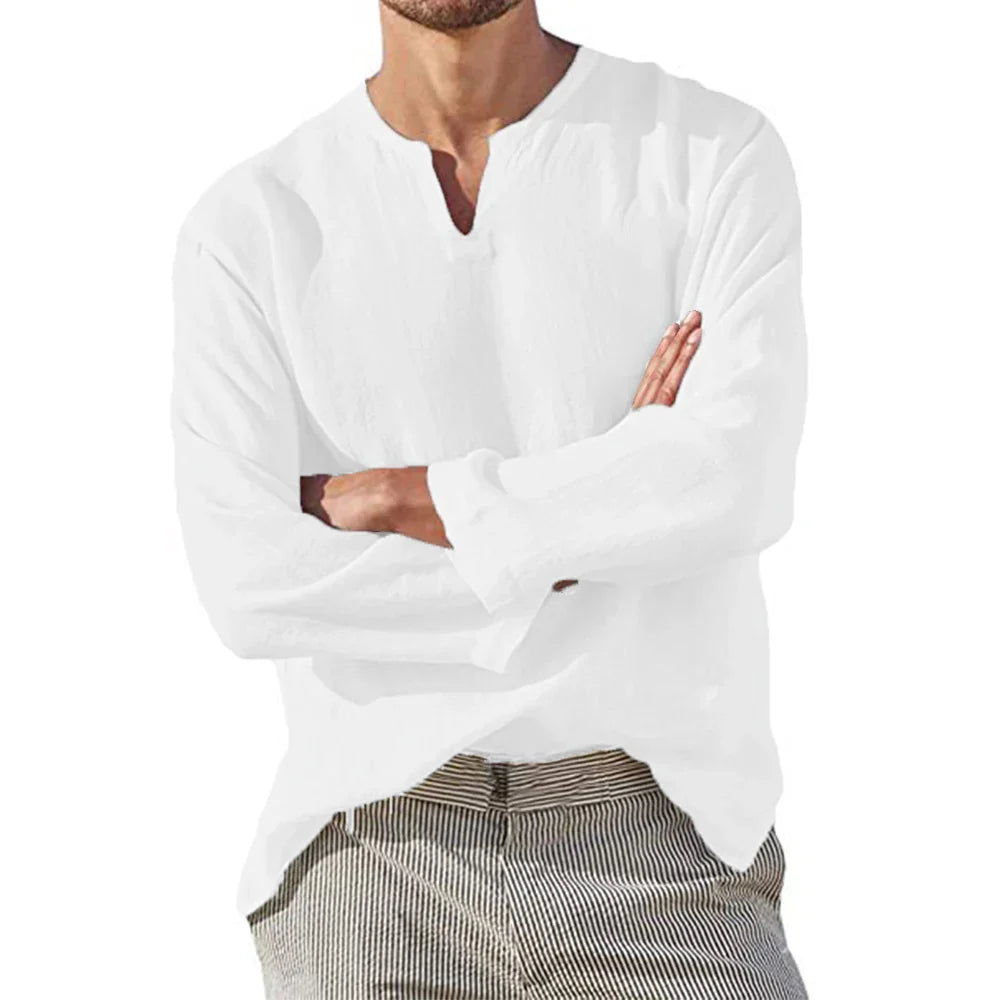 PORTOFINO® Cotton Linen Long Sleeve V-Neck Shirt