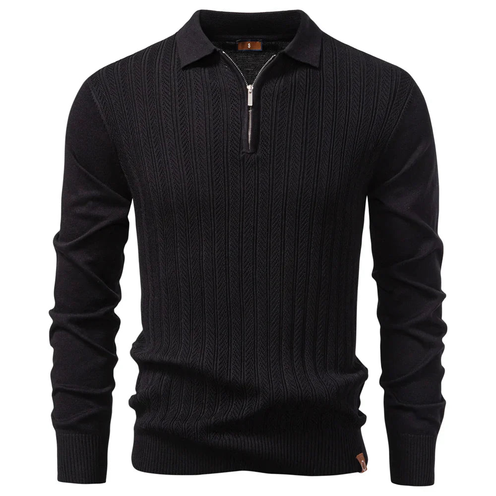 VALCERO® Zip Placket Cable Knit Slim Polo Shirt