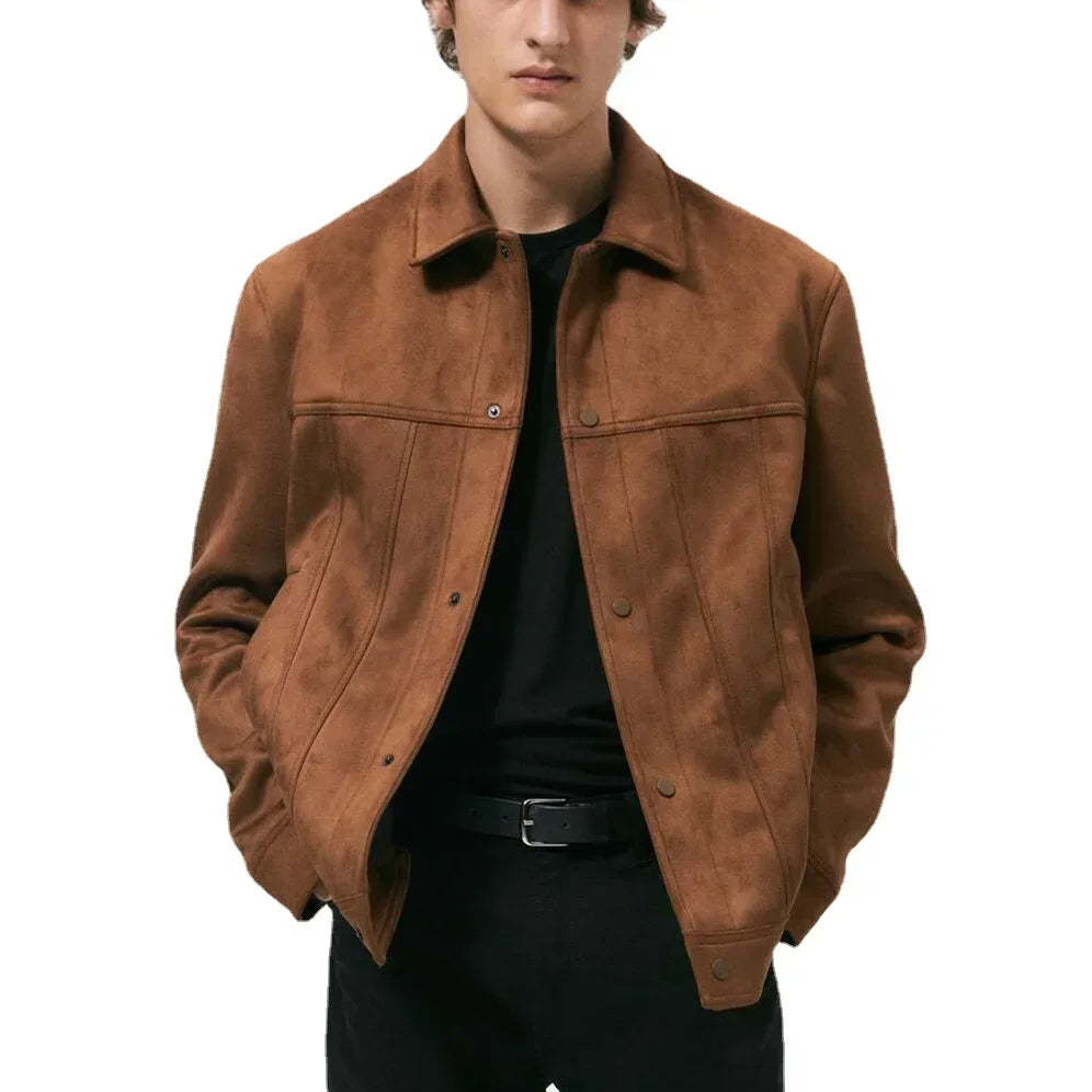 DELACROIX® Men's Suede Lapel Single Breasted Jacket - Dark Coffee / Black