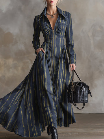 Elegant Urban Deep Blue Tencel Denim Striped Gold-stamped Maxi Dress