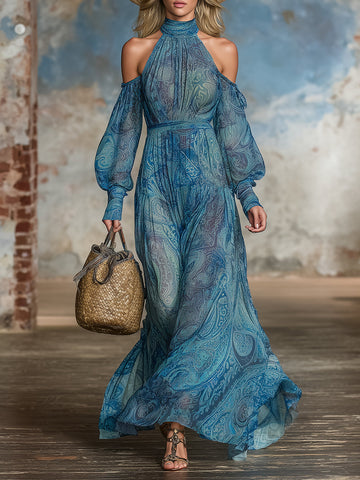 Elegant Blue Paisley Print Off-the-shoulder Maxi Dress