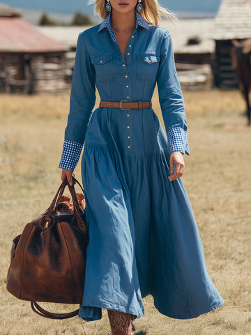 Western-style Blue Denim Patchwork With Partial Plaid Pattern And Buttons Maxi Dress