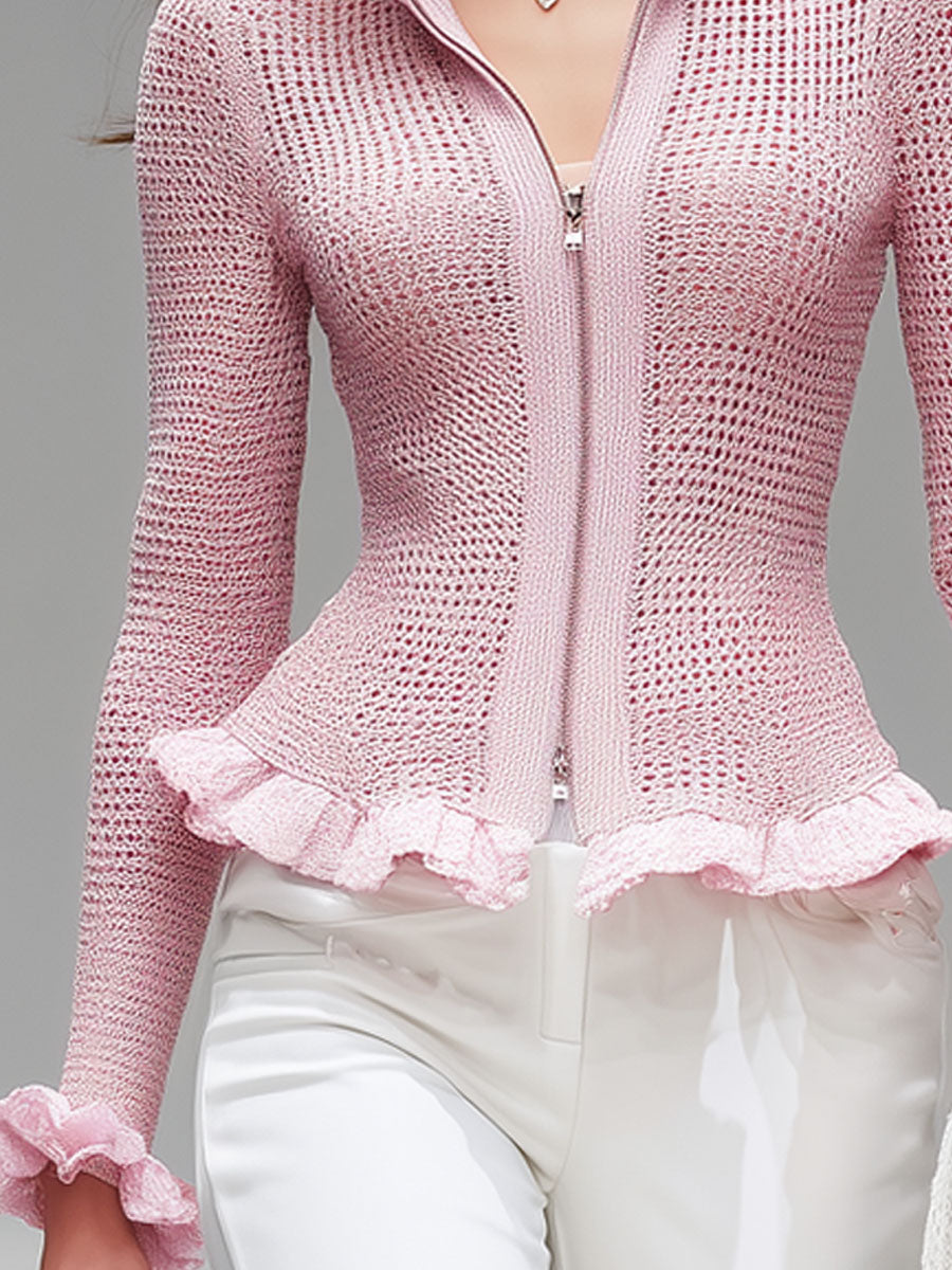 Pink Stand-up Collar Zipper Ruffled Mesh Knit Cardigan