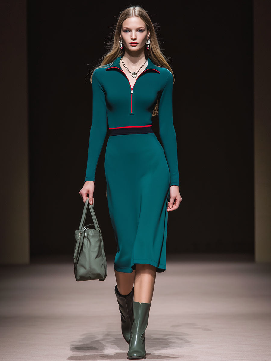 Casual Sporty Blue Collared Zip-up Midi Dress