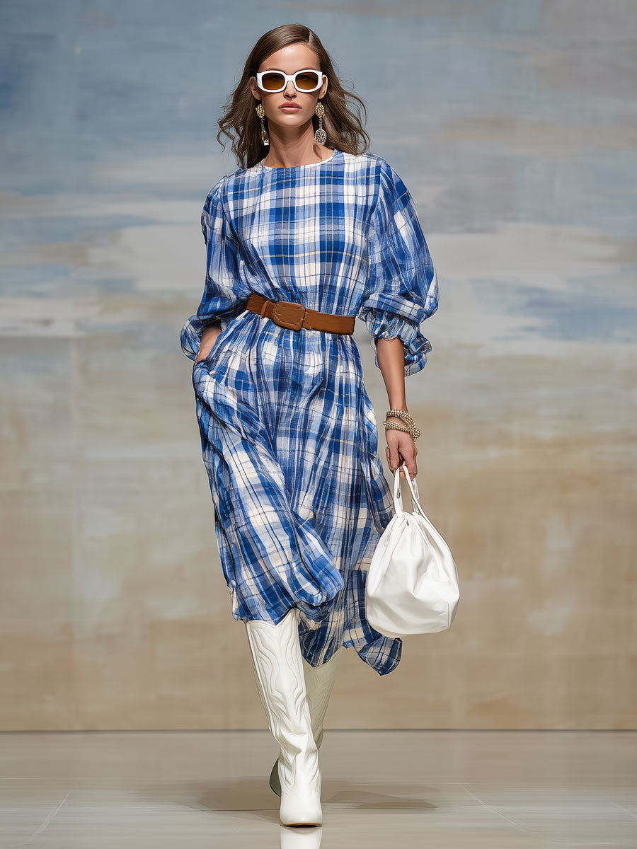 Casual Retro Blue And White Checkered Chiffon Long-sleeved Midi Dress