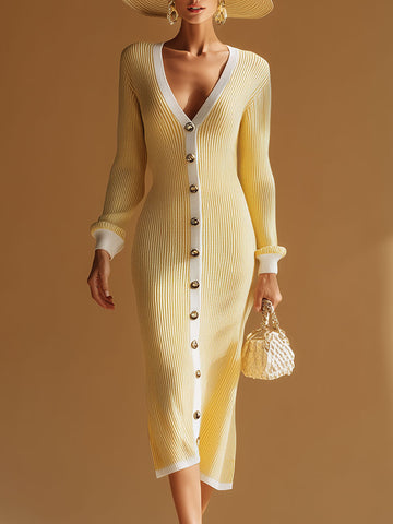 Stylish And Elegant White-trimmed Yellow V-neck Knitted Midi Dress