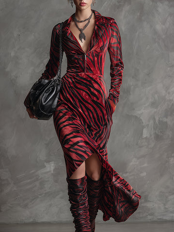 Elegant And Classic Red Zebra-print Lapel Velvet Maxi Dress