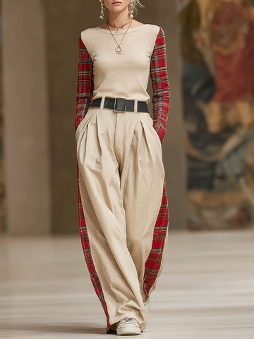 Red Checkered Patchwork Crew Neck Long-sleeved T-shirt And Loose Wide-leg Pants Set