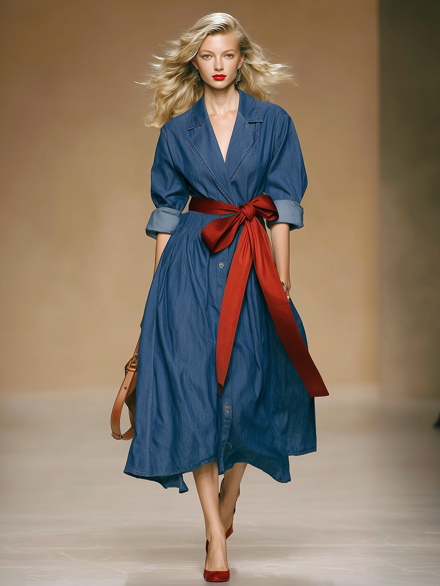 Lazy And Retro V-neck Denim Midi Dress