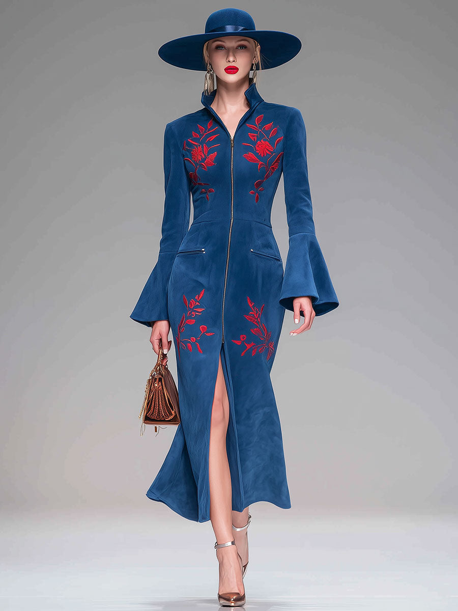 Western Style Vintage Embroidered Blue Faux Suede Midi Dress