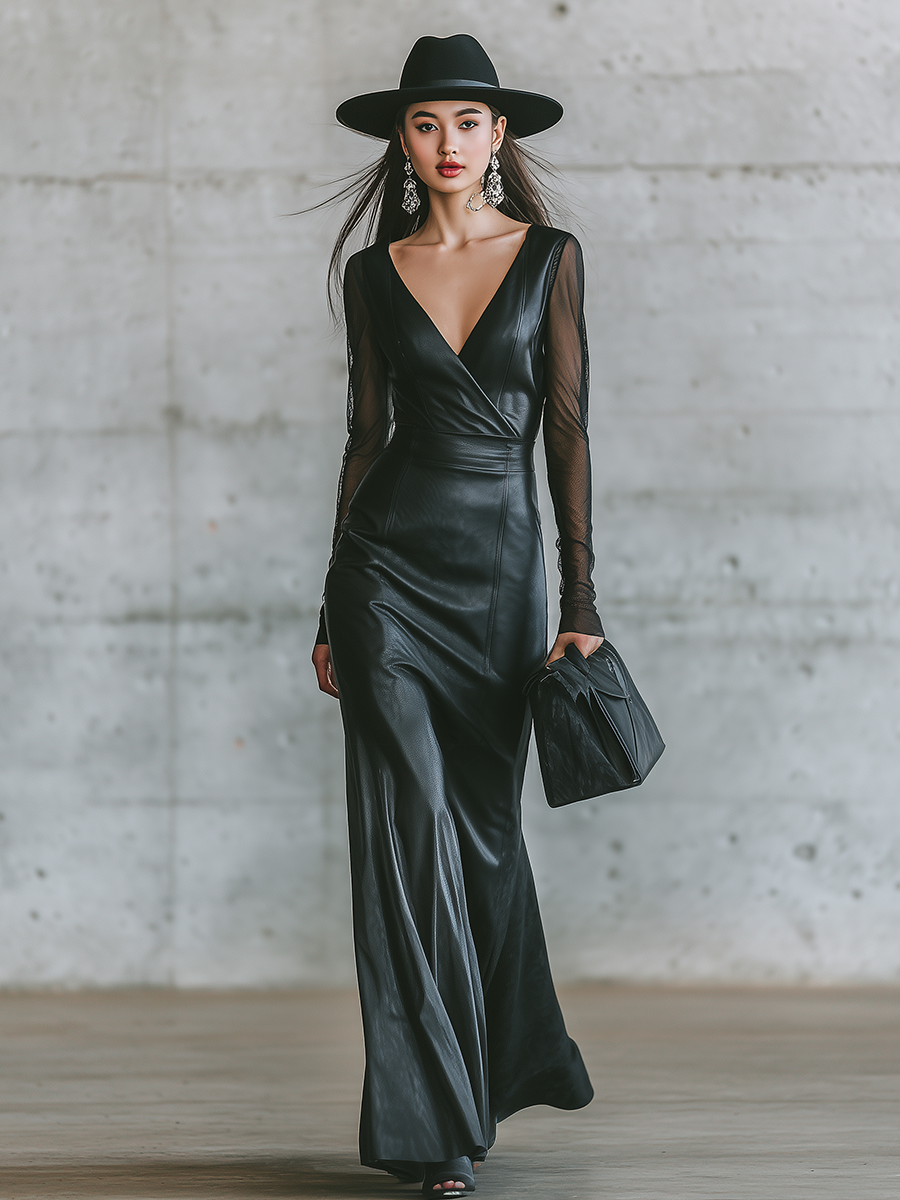 Elegant Edgy Urban V-neck Faux Leather Maxi Dress