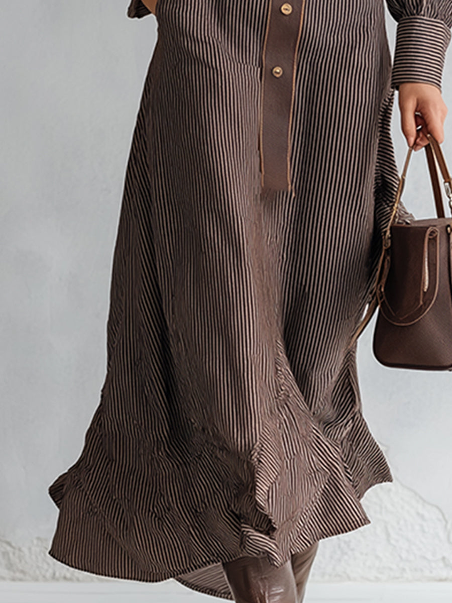 Vintage-style Collared Brown Striped Maxi Dress
