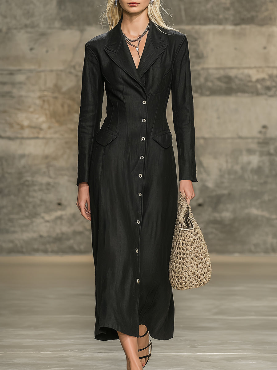 Elegant Black Cotton And Linen With A Lapel Collar And Button Closure  Maxi Dress