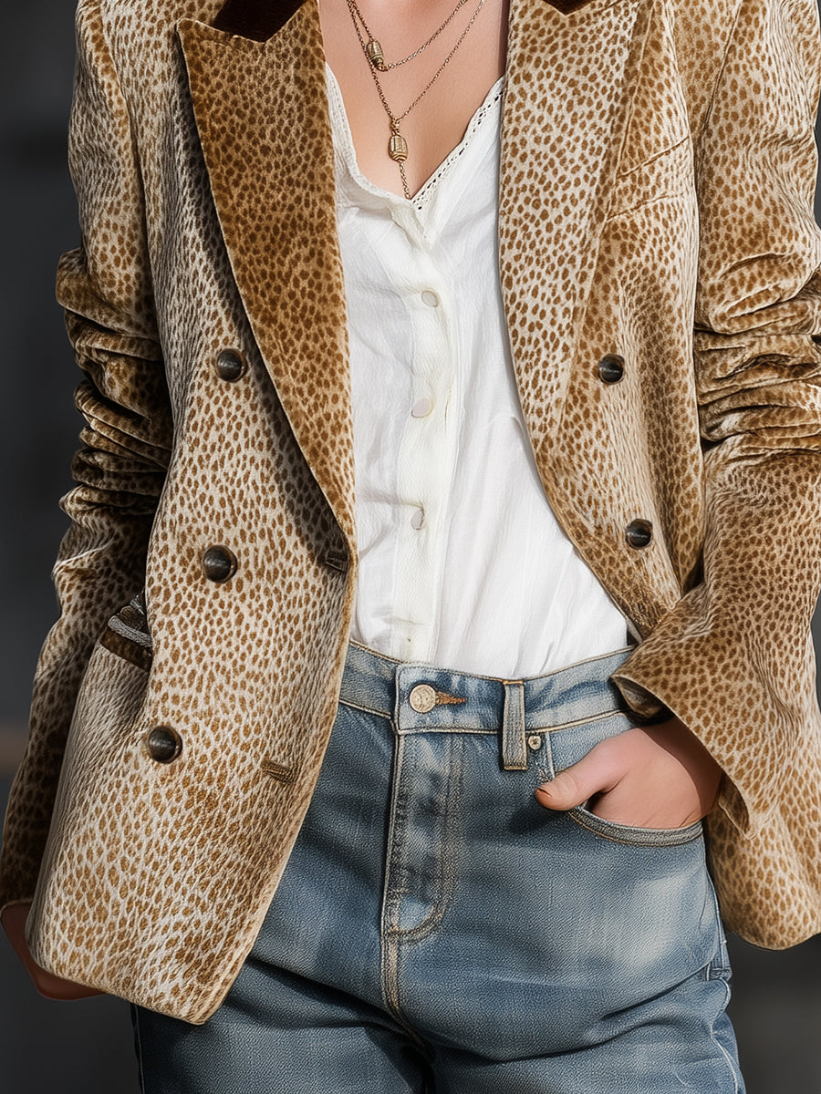 Retro And Fashionable Leopard Print Color-block Collar Velvet Blazer