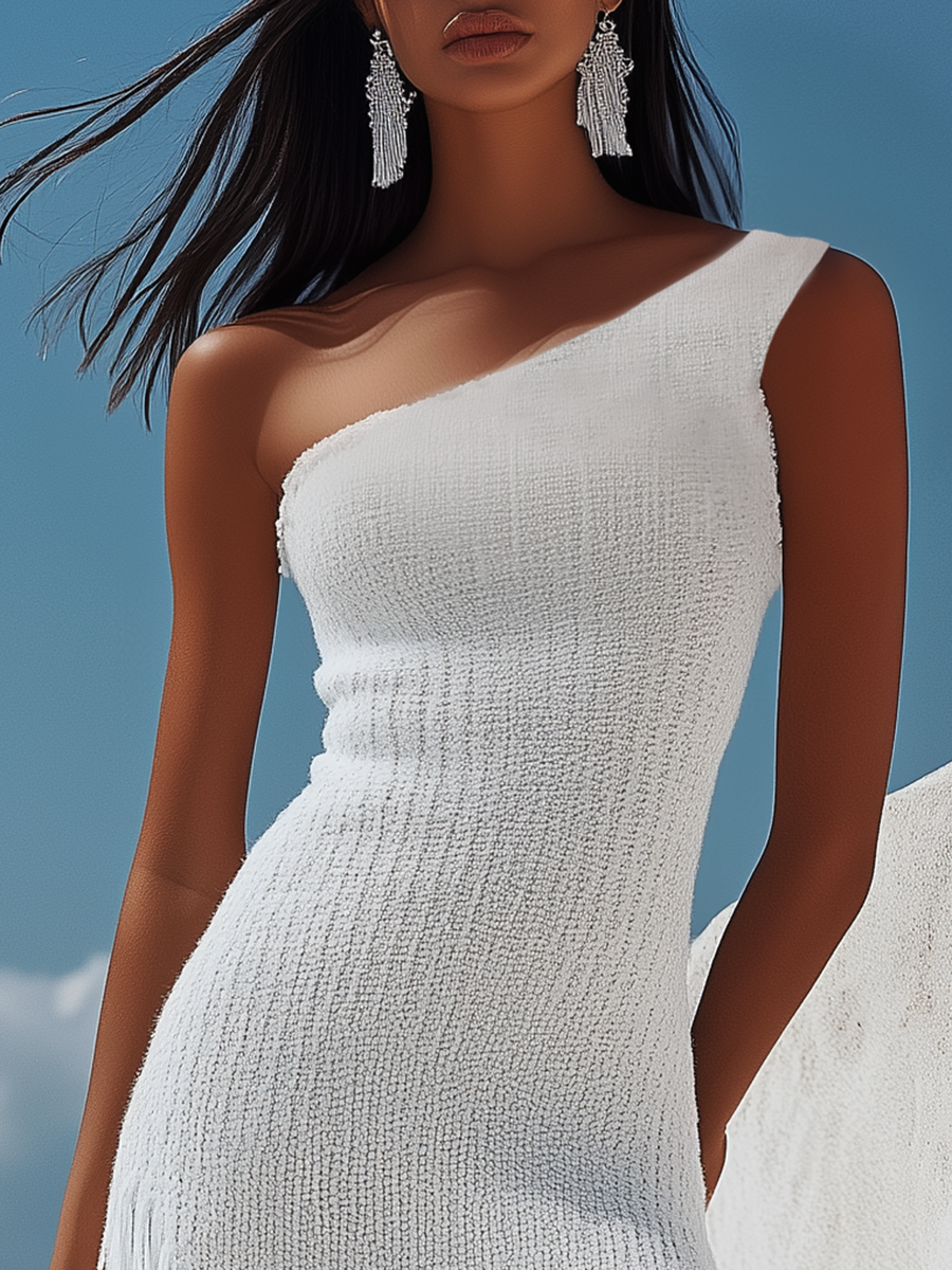 【24-hour shipping out】Elegant And Fresh One Shoulder Tassel Knitted Midi Dress